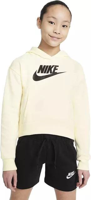 Nike Hoodie Sweatshirt Girls XS 6/7 Yellow Pullover Fleece Sportswear Club Crop