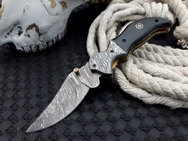 8" Hand Forged Pocket Folding Knife Custom Handmade Damascus Steel Hunting Knife