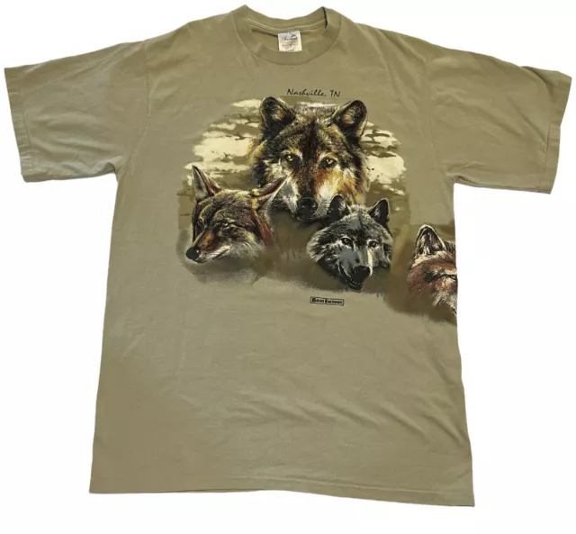 Vintage Hazelwoods Wolf T Shirt Mens XL Tan Wrap Around Single Stitch Ghost Town