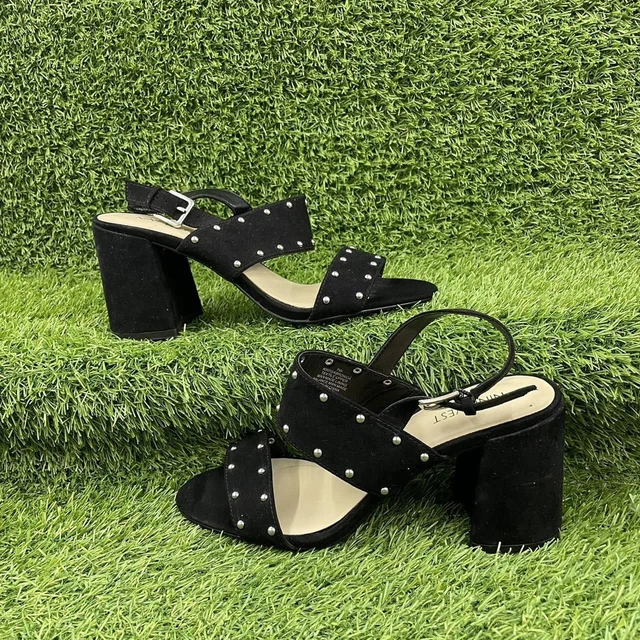 NINE WEST BLACK SUEDE HIGH HEEL SANDALS SILVER STUDDED SLINGBACK Y2K Size UK 7