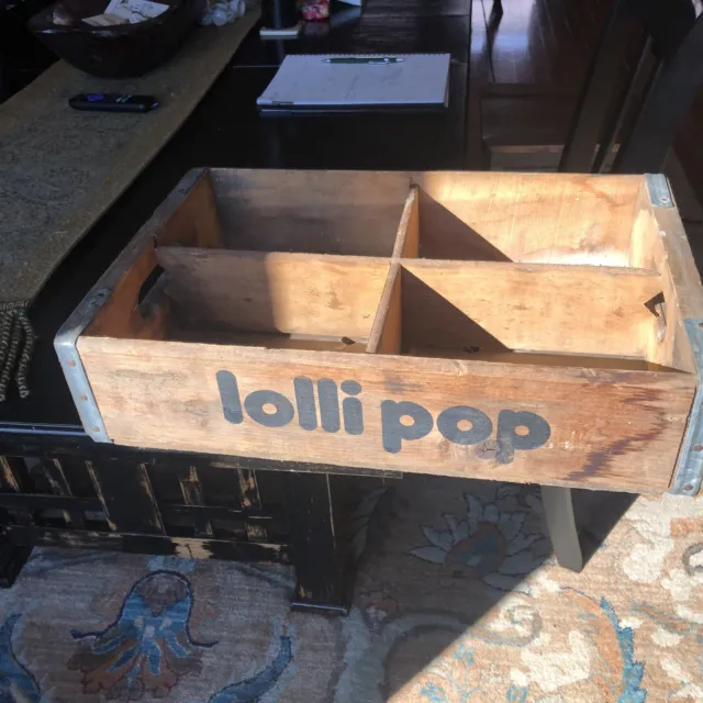 Vintage Lollipop Soda Pop Wooden Glass Bottle Crate-Dated 1973