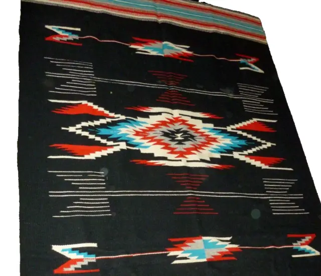 Vintage Rare Color Wool Black Chimayo Blanket Weaving New Mexico Rug 51x82"