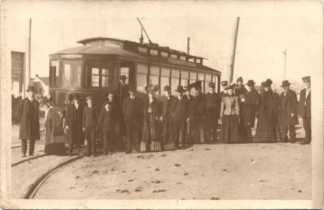 TROLLEY CAR antique real photo postcard rppc STREET CAR CROWD c1910 rail car