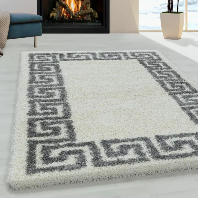 Fluffy Rugs Large Small Modern Shaggy Carpet Bedroom Greek Pattern Long Pile Mat