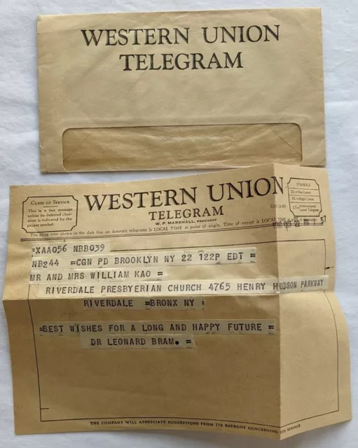 Western Union Best Wishes Wedding Greeting Telegram With Envelope Original