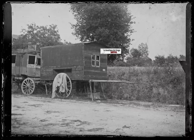 Gypsy Caravan, France, Plate Glass Photo Antique, Negative Black & White 6x9 CM