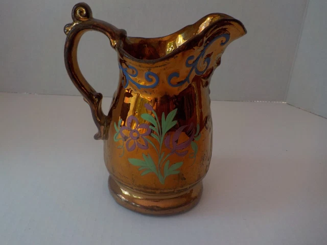Antique 19th C Copper Lusterware 10 oz Pitcher 5.5” Hand Painted Flowers SIGNED 3