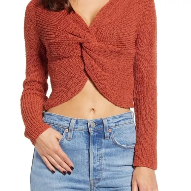 J.O.A. Rust Twist Front Open Knit Cotton Blend Cropped Sweater Size M