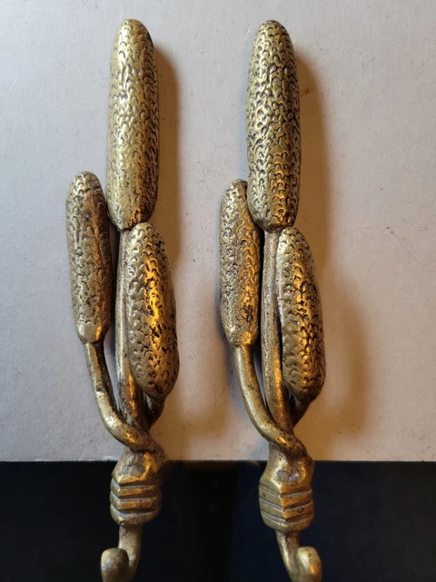 Pair of Antique Cast Brass Curtain Tie Backs with Hands and Cattails