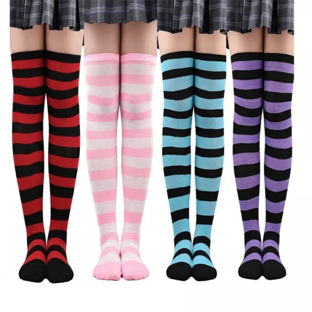 Girls Over Knee Long Stripe Printed Thigh High Striped Cotton Socks Overknee
