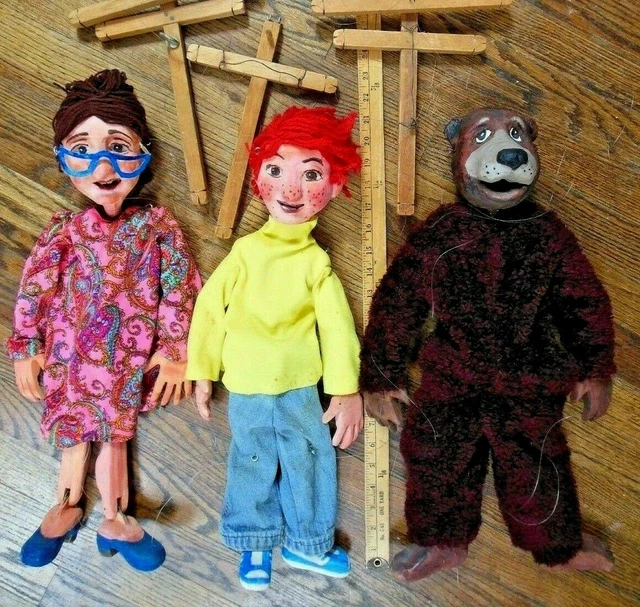 VTG Lot x3 OOAK MARIONETTE PUPPETS Wood Dolls 23" Boy - Woman - Bear Hand Carved