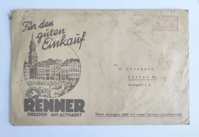 Renner Dresden At Altmarkt 1940 Envelope With Advertisement Offer Household