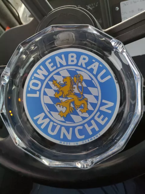 Lowenbrau Munchen German 7" Ashtray Heavy Clear Glass Yellow & Blue Logo