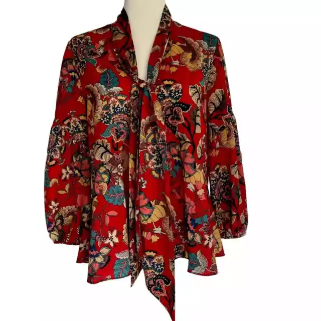 Shoshanna Womens Cayenne Red V Neck Tie Bell Sleeve Floral Blouse Size Medium