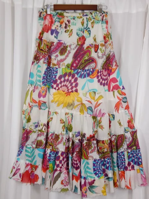 Tiara Petite Tiered Multicolor Floral Maxi Skirt Raw Hem Boho Festival sz Large