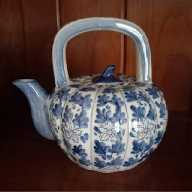 Chinese Handpainted Blue White Pumpkin Shaped Teapot