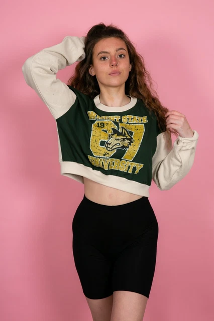 Felpa vintage verde crema Wright State University grafica ortografica tagliata