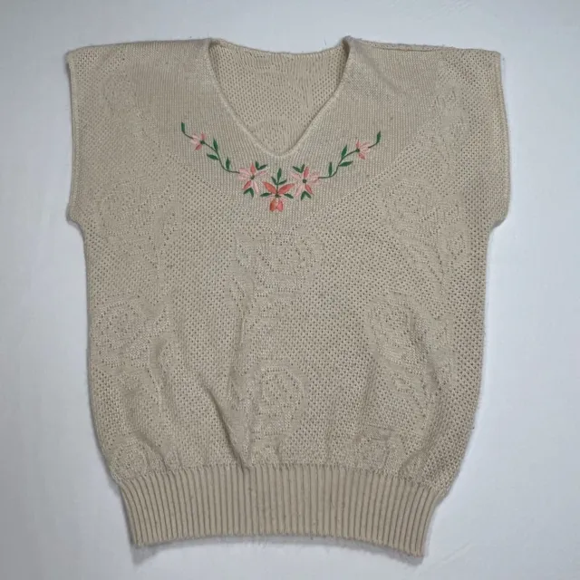 Vintage 100% Acrylic Embroidered Sleeveless Sweater Med Cream V-neck Flowers