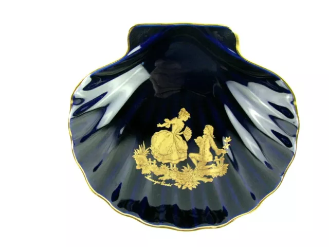 Limoges Castel France 22K Gold Trim Royal Blue French Scalloped Shell  5" Dish