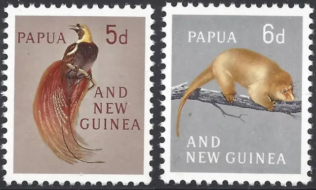 Papua New Guinea 1963 5d BIRD of PARADISE, 6d PHALANGER(2) Unhinged Mint SG 42-3