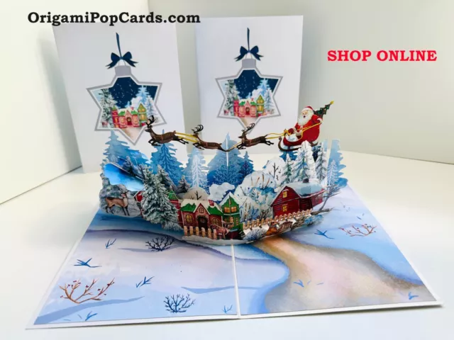 ORIGAMI POP CARD Snowy Village 3D Thank You Pop Up Greeting Card Merry Christmas