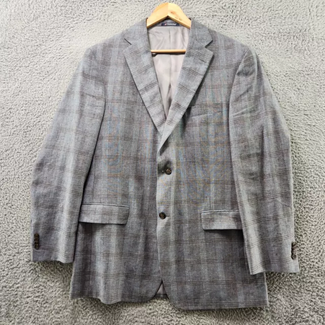 Hart Schaffner Marx Blazer Coat Mens 44R Gray Blue Plaid Two Button Made in Usa