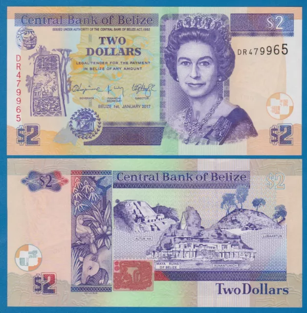 Belize 2 Dollars P 66f New date 2017 UNC  ( P 66 f ) Queen Elizabeth II