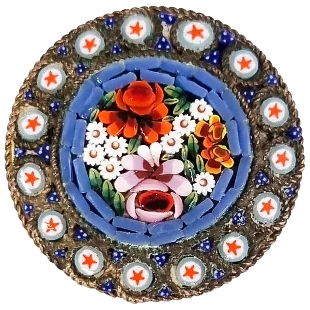 Ancien Début 20th Siècle Exquisite Italien Micro Mosaïque Rond Floral Broche