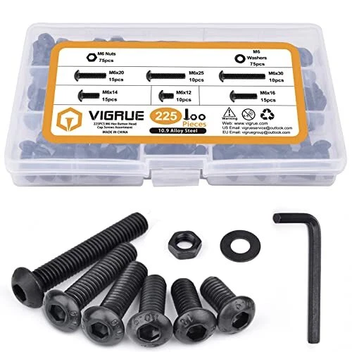 225PCS M6 x 12/14/16/20/25/30mm Button Head Hex Socket Cap Screws Bolt...