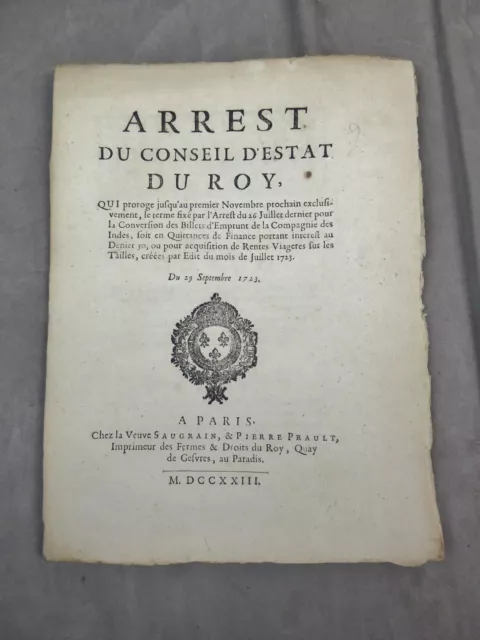 Arrest Du Conseil D'estat Du Roy, 1723: Emprûnt De La Compagnie Des Indes.