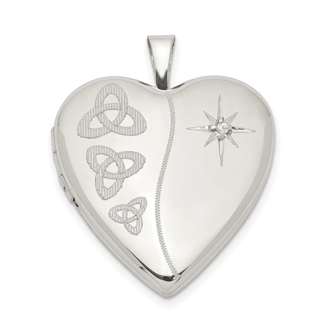 Sterling Silver Diamond Celtic Triquetra Symbol On Heart Shaped Locket