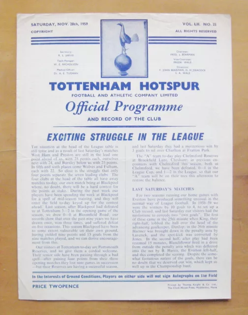 TOTTENHAM HOTSPUR v PORTSMOUTH Reserves 1959/1960 *VG Cond Football Programme*