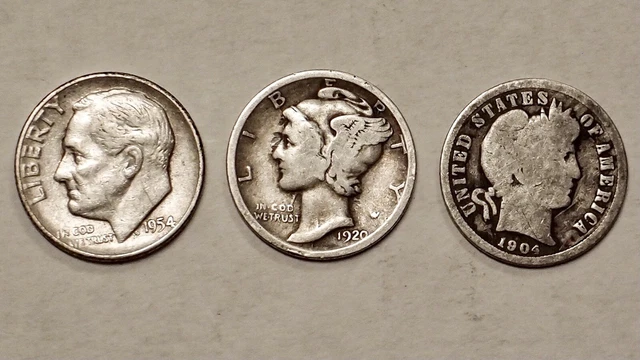 DIMES LOT OF 3: 1904P Barber, 1920P Mercury, 1954P Roosevelt; CIRCULATED; 90% AG