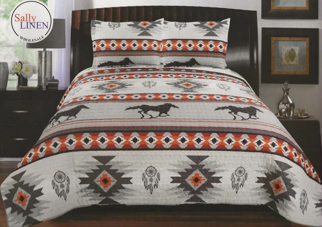 Gray Southwest Running Horse Native American Aztec Oversized Quilt Set