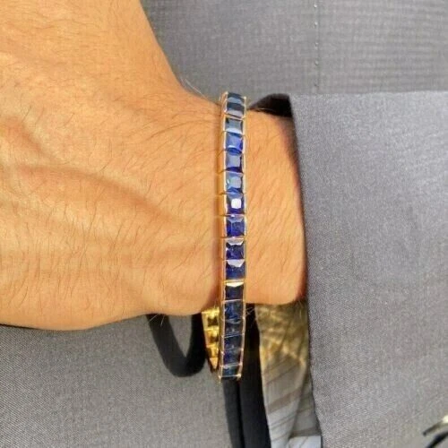 Princess Unisex Tennis Bracelet 10Ct Lab Created Sapphire 14K Yellow Gold Plated