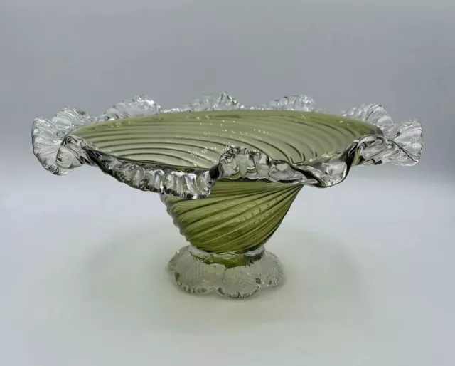 Signed CHALET ART GLASS (Canada) Olive Swirl Footed Bowl w/ Ruffled Rim MCM