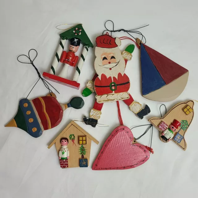 Vintage Handmade Wood Christmas Tree Ornaments Lot of 7 Wooden Hand Painted