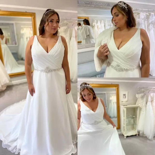 Plus Size Wedding Dresses V Neck Chiffon A Line Beads Belt Bridal Gowns Custom