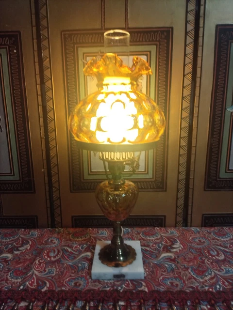Vintage Fenton HandBlown Amber Glass Student Lamp Coin Dot/ Marble Base Italian