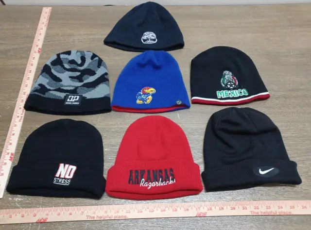 Lot of (7) Knit Hats Beanies -  Nike, DP, Mexico, KU, Razorbacks, Jayhawks