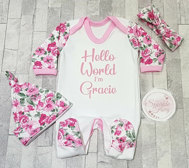 FLORAL HELLO WORLD PERSONALISED SLEEPSUIT BABYGROW Baby Girl Coming Home Outfit