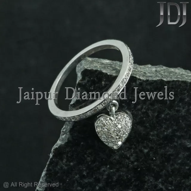 Natural Pave Diamond Ring 925 Sterling Silver Jewelry Heart Charm Dangling Ring