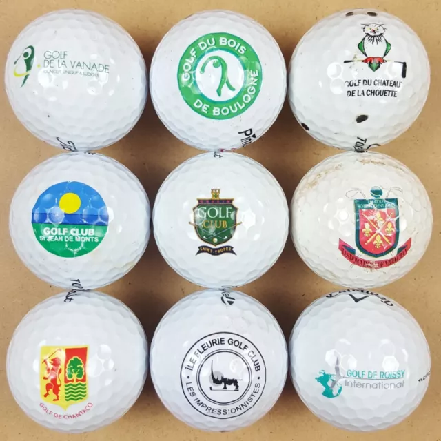 Lot de 9 Balles de Golf Logotées de Clubs Collection Rares Logo