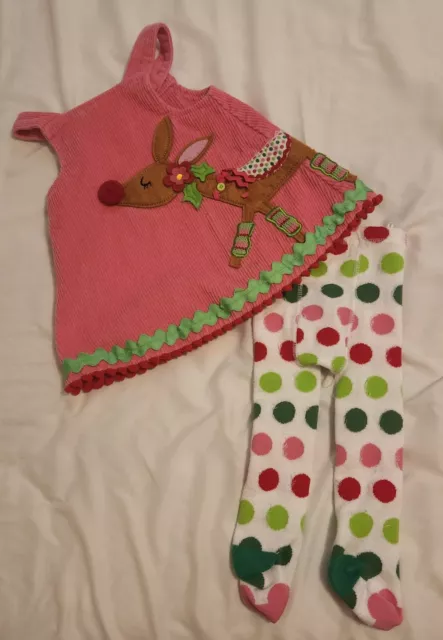 NWT Mud Pie Baby Girl Christmas Reindeer Jumper, Polka-dot Tights, Size 0-6 M