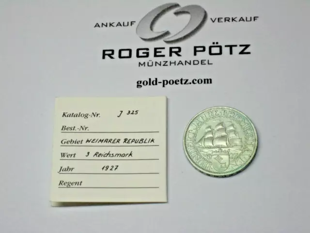 Roger Pötz: 3 Mark Weimarer Republik 1927 A Bremerhaven Silber Jäger 325