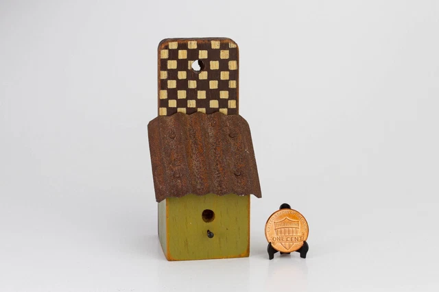 Miniature Wooden Birdhouse with Corrugated Metal Roof - Decor Only