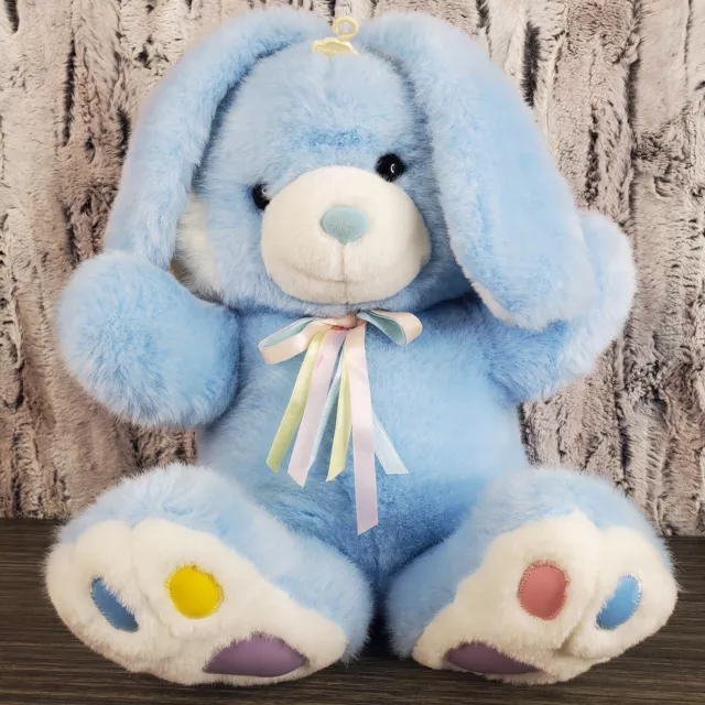 Vtg Easter Bunny Cuddle Wit Blue Plush Stuffed Rabbit 13" Big Feet, Patched Paws