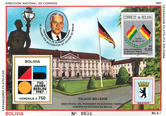 2. Bolivia 1987 - The 750th Anniversary of Berlin Minisheet (150 x 115mm) mnh