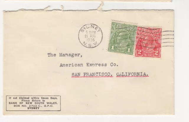 AUSTRALIA,1936 Bank NSW cover, KGV 1d. & 2d., Sydney machine to USA.