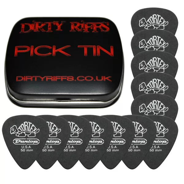 12 Dunlop Tortex Pitch Black Standard Guitar Picks - 0.50mm In A Handy Pick Tin